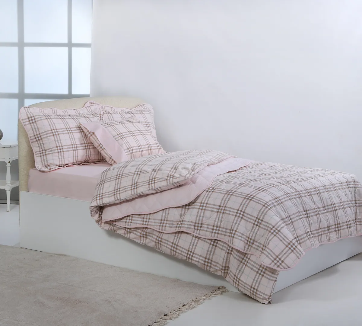 Υπέρδιπλο βαμβακερό κουβερλί (220cm x 240cm) καρρώ ρόζ