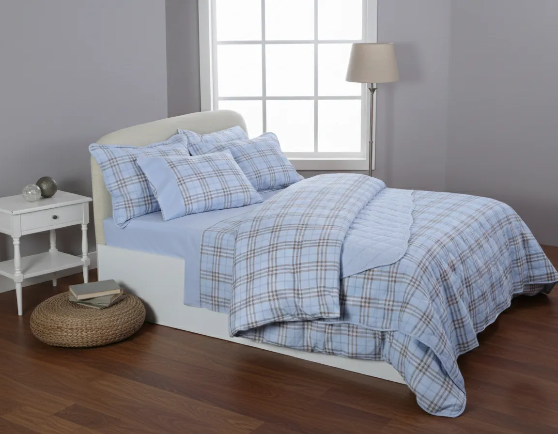 Υπέρδιπλο βαμβακερό κουβερλί (220cm x 240cm) καρρώ σιέλ