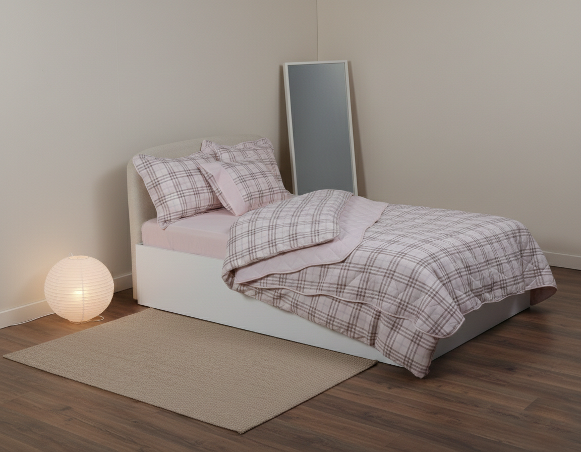 Μονό βαμβακερό κουβερλί (160cm x 220cm) καρρώ ρόζ