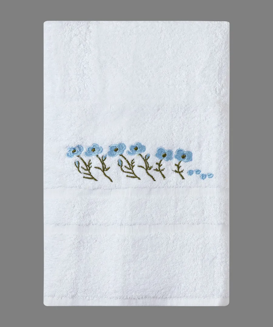 Πετσέτα Προσώπου ( 50cm x 100cm ) Λευκό με Σιέλ Λουλούδι
