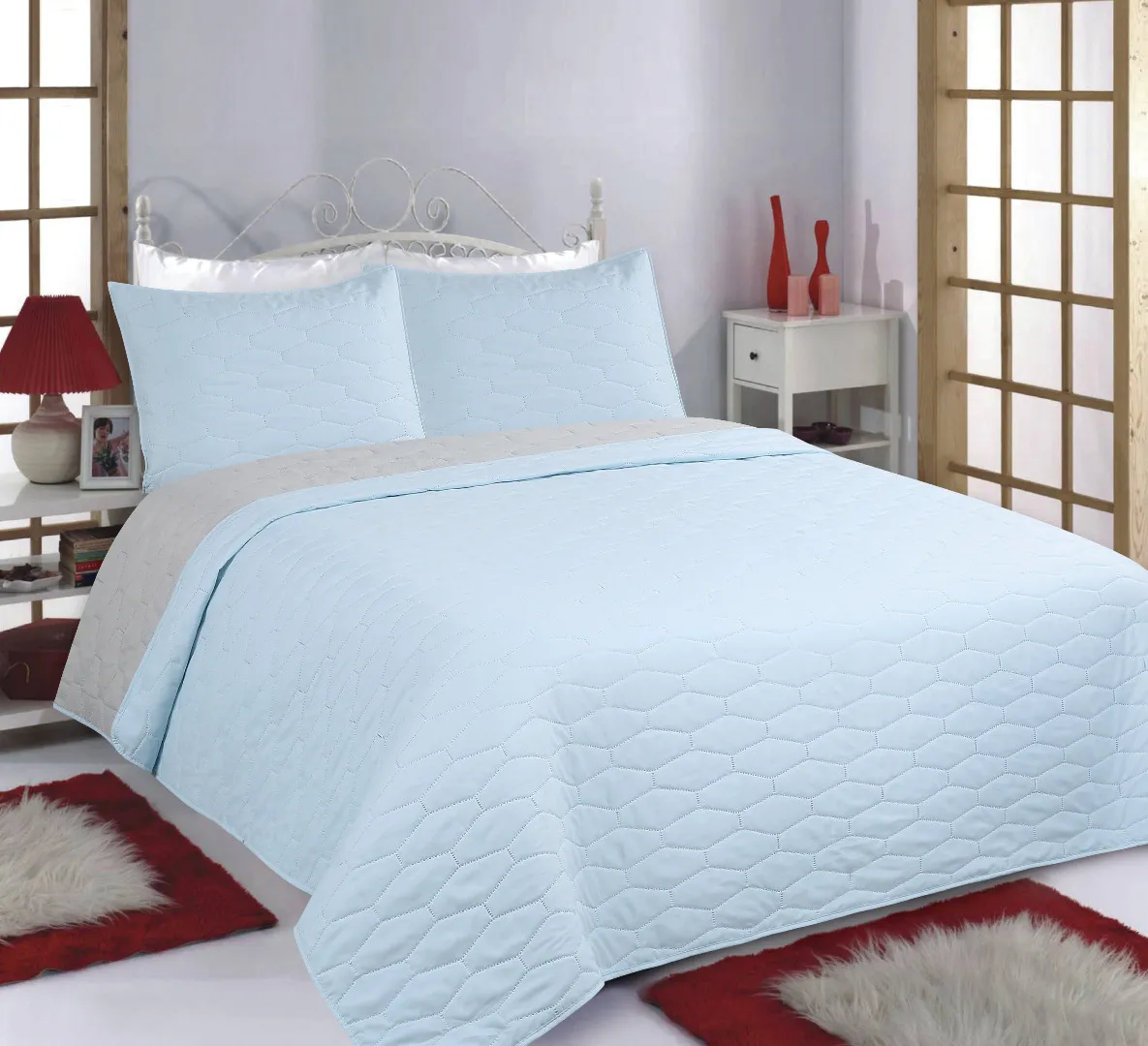 ΚΟΥΒΕΡΛΙ σετ (170cm x 220cm + 1 x 50cm x 70cm) RUBY sky blue/ grey