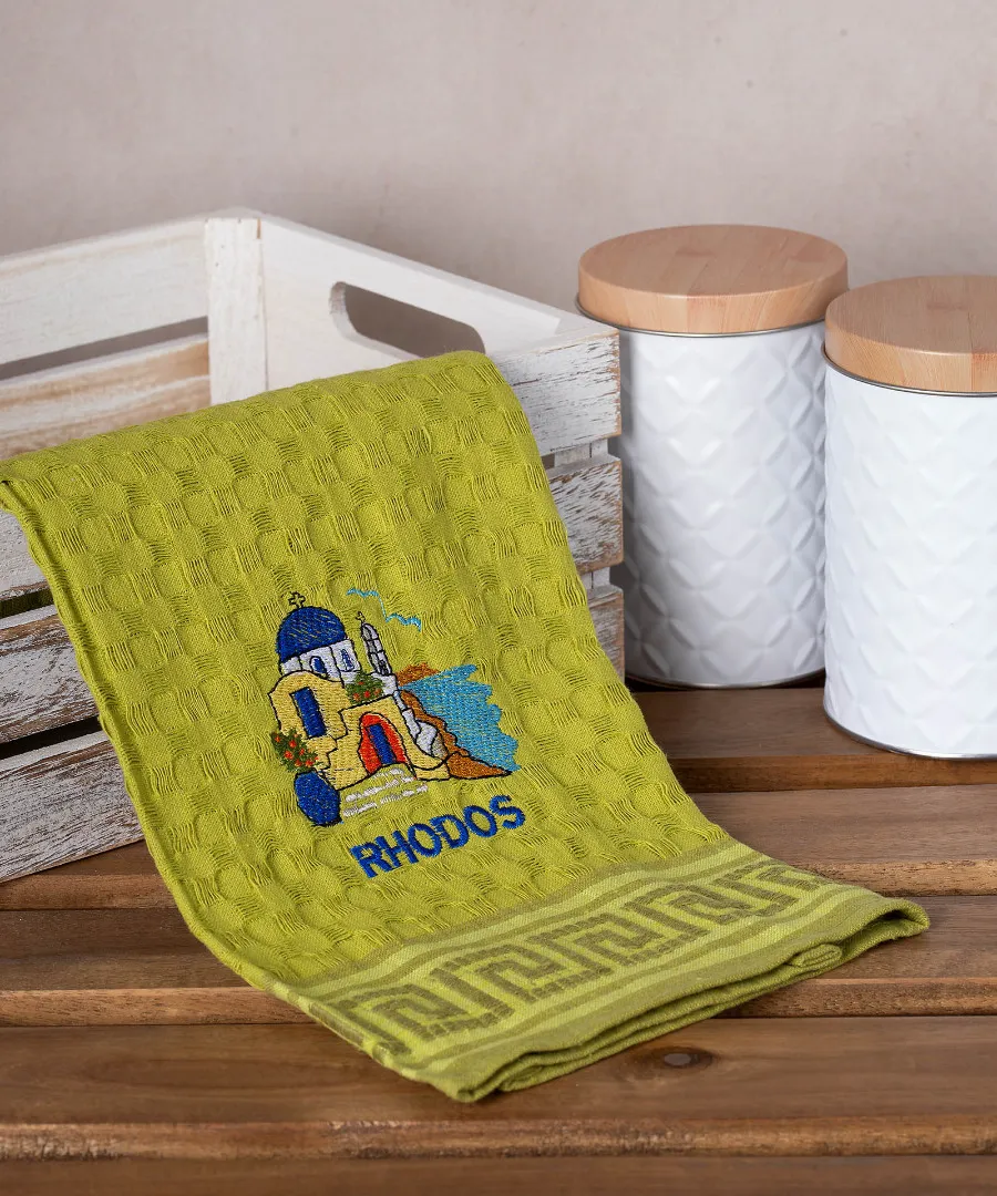 Σετ 12 τεμαχίων ποτηρόπανα γκοφρέ (50cm x 70cm) πράσινη εκκλησία RHODES