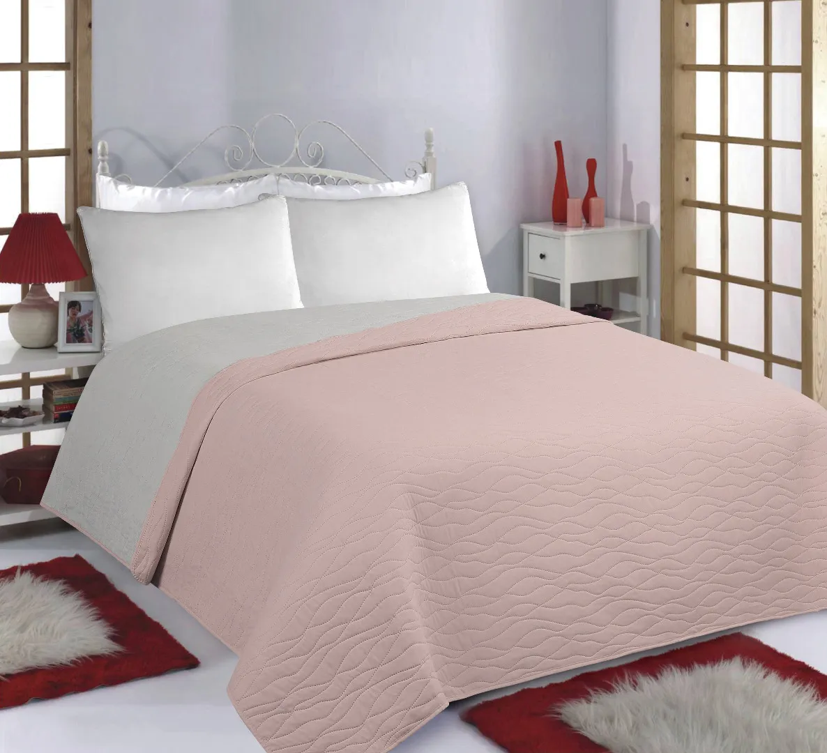 ΚΟΥΒΕΡΛΙ σετ (240cm x 260cm) WAVES pink/grey