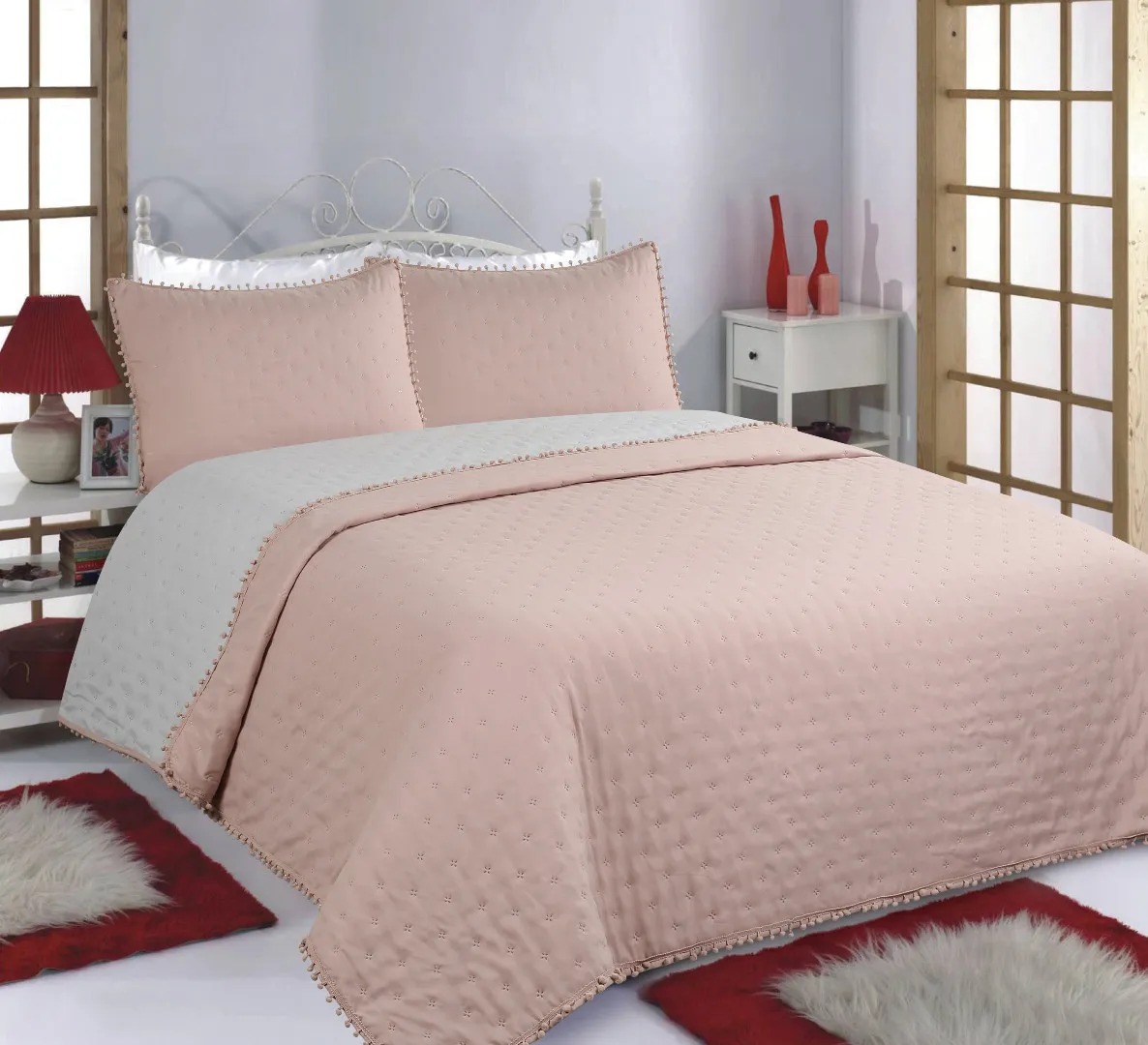 ΚΟΥΒΕΡΛΙ σετ (170cm x 240cm +50cm x 70cm) PON-PON pink/grey
