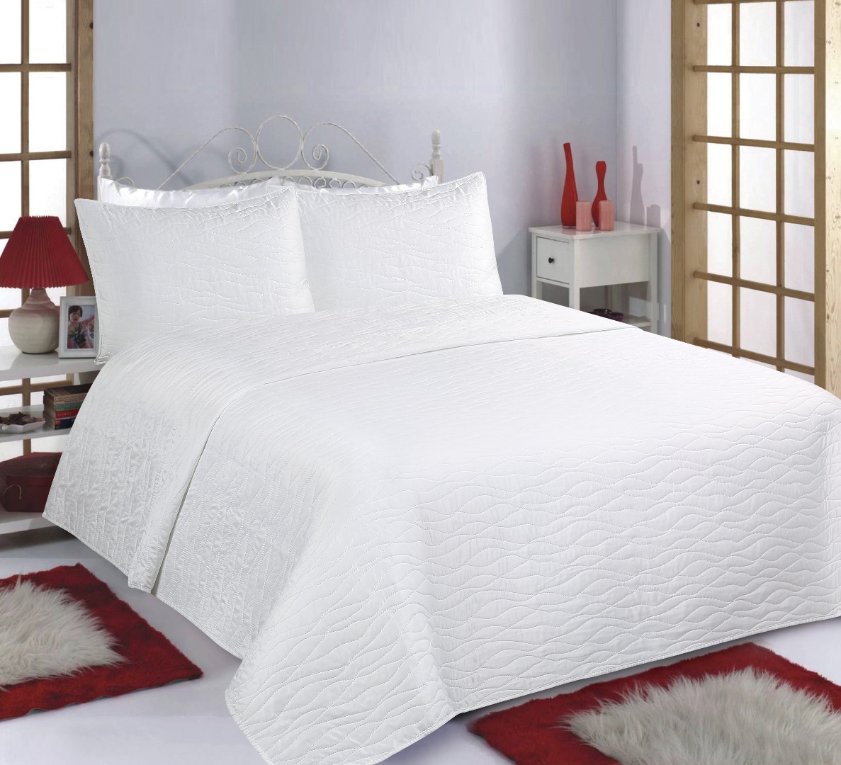 ΚΟΥΒΕΡΛΙ σετ (220cm x 240cm + 2 x 50cm x 70cm) WAVES  MICROSATIN ivory