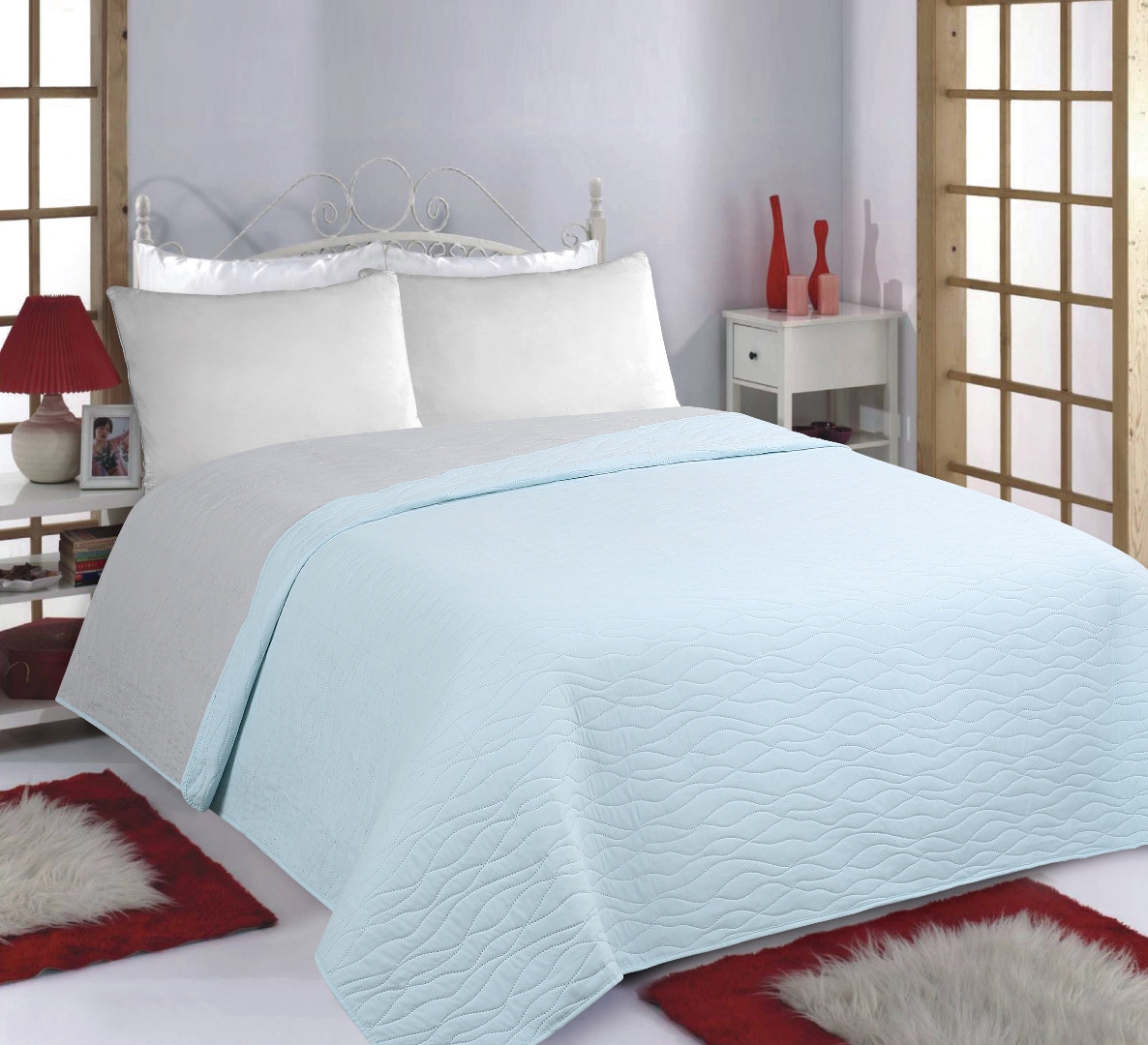 ΚΟΥΒΕΡΛΙ σετ (170cm x 220cm) WAVES sky blue/ grey