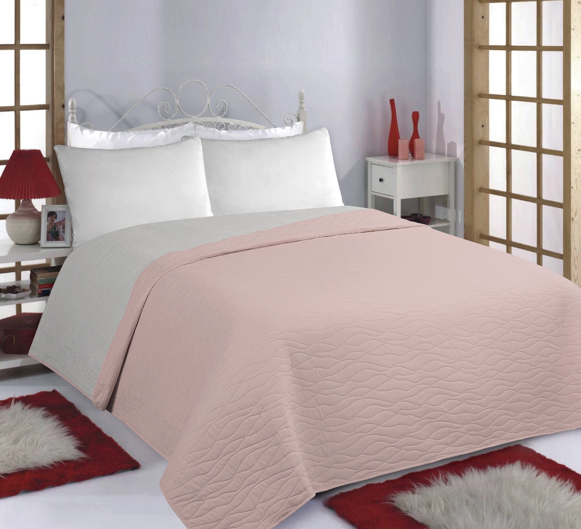 ΚΟΥΒΕΡΛΙ σετ (240cm x 260cm) WAVES pink/grey