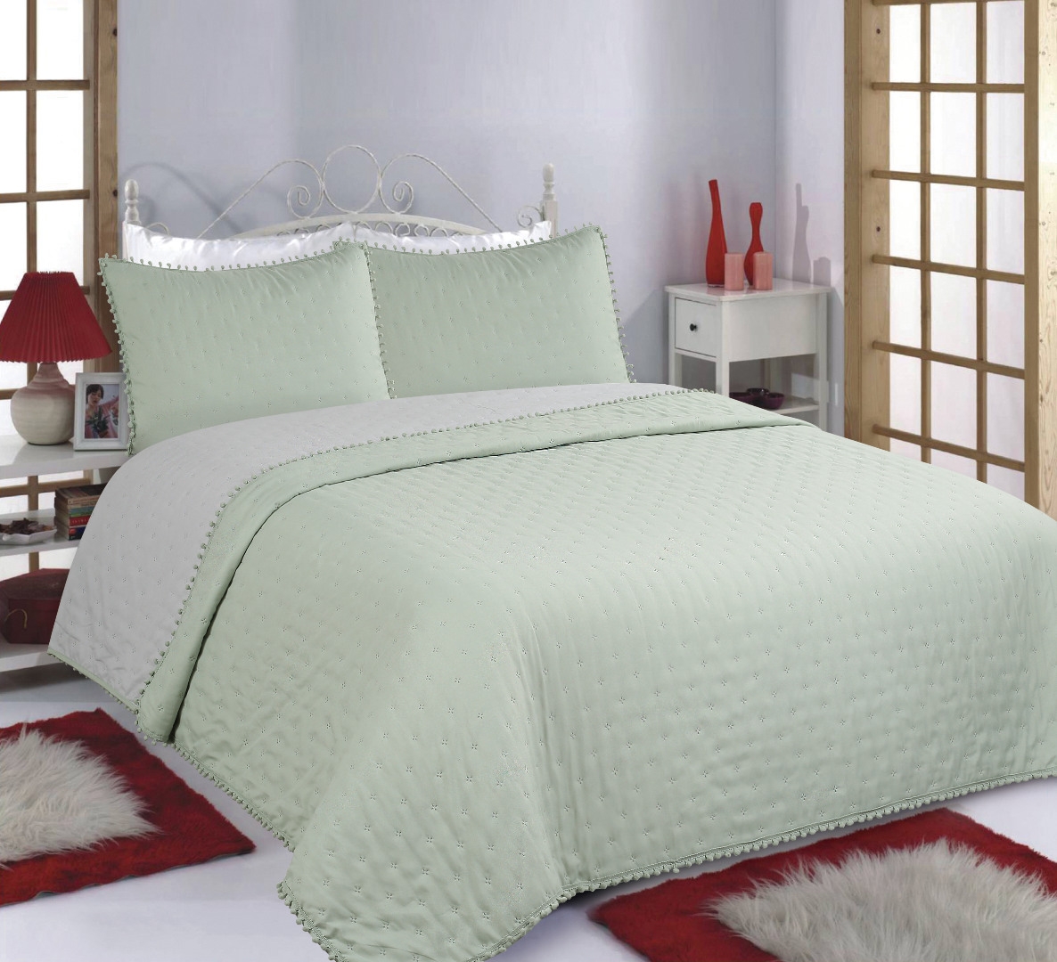 ΚΟΥΒΕΡΛΙ σετ (240cm x 260cm +2x50cm x 70cm) PON-PON mint/grey