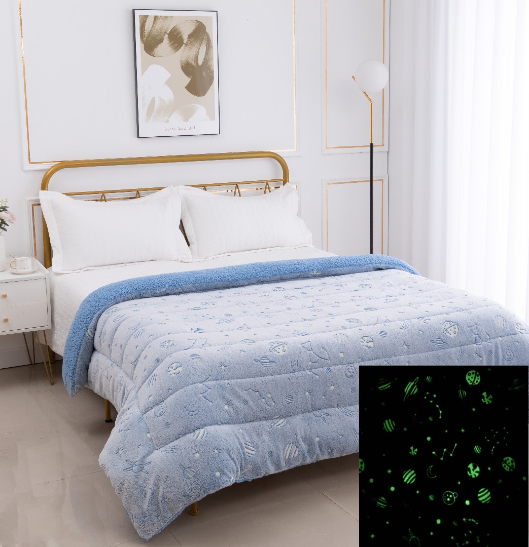 Παιδικό φωσφοριζέ κουβερτοπάπλωμα space (170cm x 220cm) σιέλ