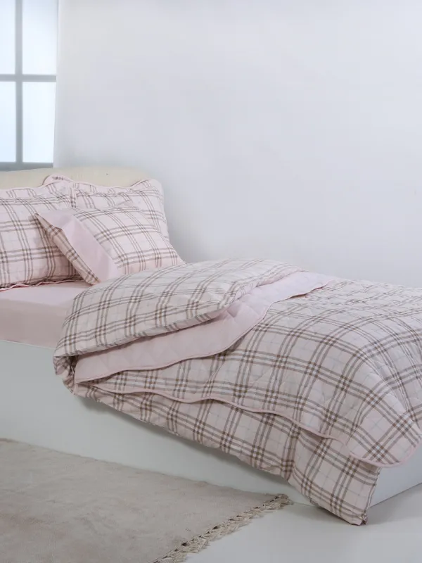 Προϊόν Υπέρδιπλο βαμβακερό κουβερλί (220cm x 240cm) καρρώ ρόζ Εικόνα