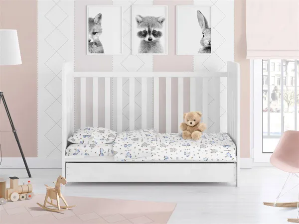 Παπλωματοθήκη Εμπριμέ bebe Elephant 074 120X160 White-Sky Blue 100% Cotton Flannel