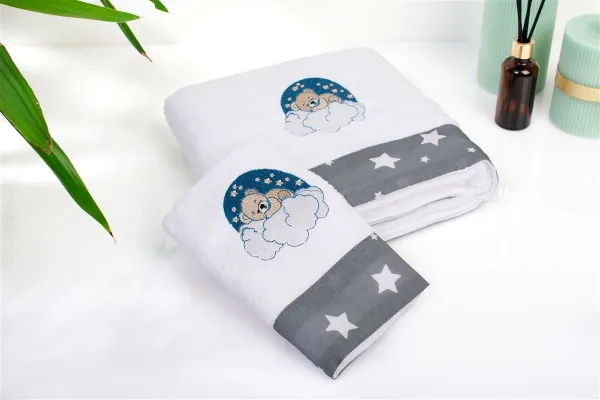 Πετσέτα Με Κέντημα Σετ 2 τεμ bebe Cloudy Bear 176 30X50,70X140 White-Grey 100% Cotton