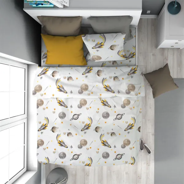 Παπλωματοθήκη Εμπριμέ kids Space Mission 183 160X240 White-Grey 100% Cotton