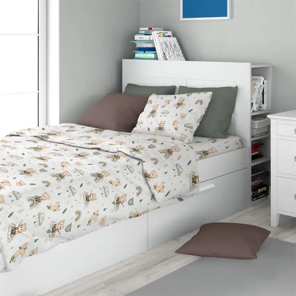 Σεντόνια Εμπριμέ Σετ 3 τεμ kids Cloudy Bear 581 160X240 White-Olive 100% Cotton