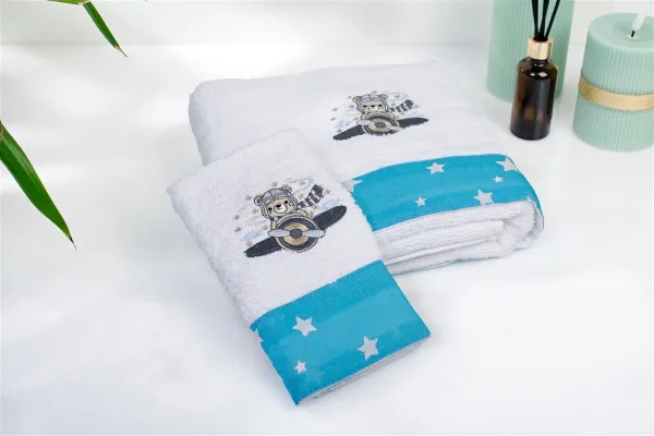 Πετσέτα Με Κέντημα Σετ 2 τεμ bebe Aviator 184 30X50,70X140 White-Sky Blue 100% Cotton
