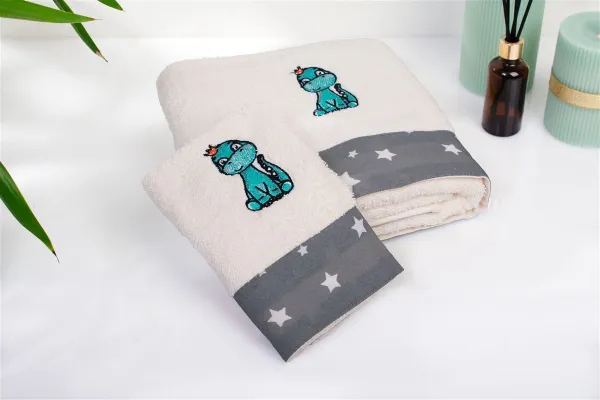 Πετσέτα Με Κέντημα Σετ 2 τεμ bebe Dinosaur 181 30X50,70X140 Ecru-Grey 100% Cotton
