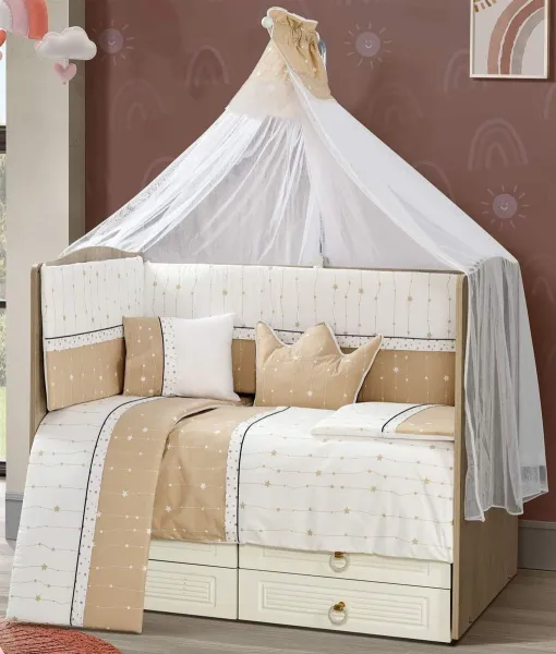 Προίκα Μωρού Εμπριμέ Σετ 9 τεμ bebe Stars 17 White-Beige 100% Cotton