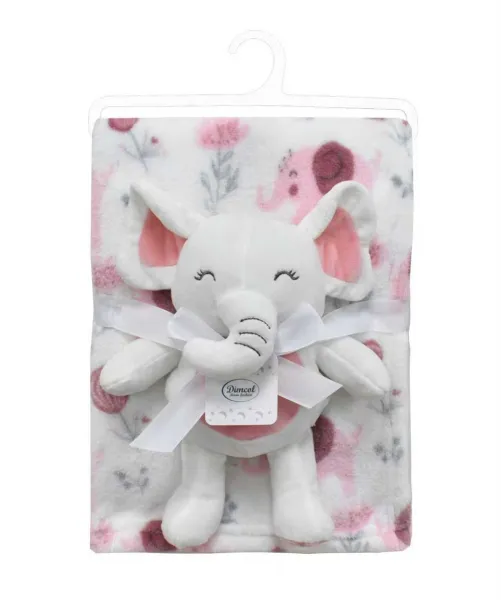 Λούτρινο Ζωάκι Σετ 2 Τεμ. bebe Elephant 20 Ύψος 25 cm & Εμπριμέ Κουβέρτα Coral Fleece 75x100 cm White-Pink 100% Polyester