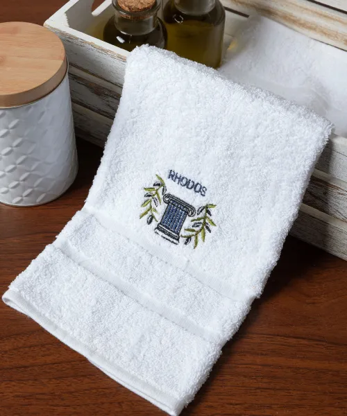 Δωδεκάδα πετσέτες χεριών (30cm x 50cm) λευκό με μπλέ κίωνα ΡΟΔΟΣ