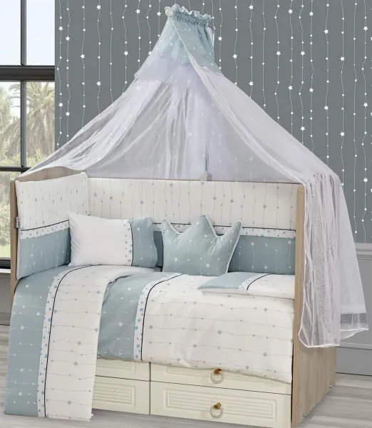 Προίκα Μωρού Εμπριμέ Σετ 9 τεμ bebe Stars 16 White-Aqua Grey 100% Cotton