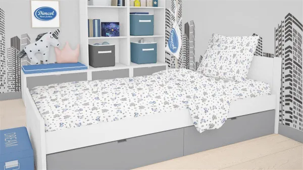 Σεντόνια Εμπριμέ Σετ 3 τεμ kids Elephant 074 160X240 White-Sky Blue 100% Cotton Flannel