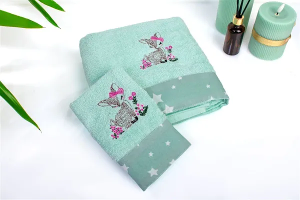 Πετσέτα Με Κέντημα Σετ 2 τεμ bebe Deer 199 30X50,70X140 Mint 100% Cotton