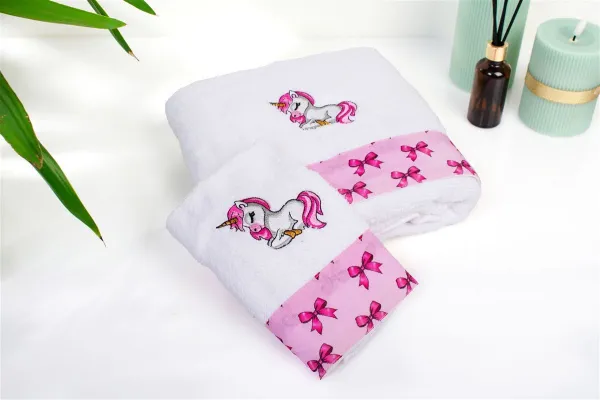 Πετσέτα Με Κέντημα Σετ 2 τεμ bebe Unicorn 188 30X50,70X140 White-Pink 100% Cotton