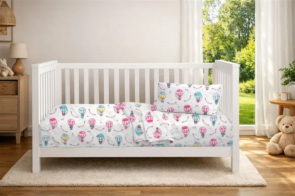 Σεντόνια Εμπριμέ Σετ 3 τεμ bebe The Floating Zoo 597 120X160 White-Pink 100% Cotton