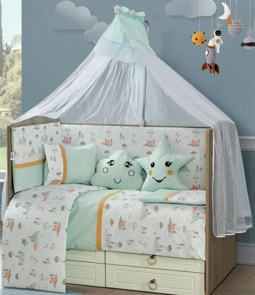 Προίκα Μωρού Εμπριμέ Σετ 9 τεμ bebe Forest 10 White-Mint 100% Cotton