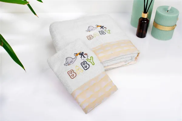 Πετσέτα Με Κέντημα Σετ 2 τεμ bebe Stork 193 30X50,70X140 White-Yellow 100% Cotton