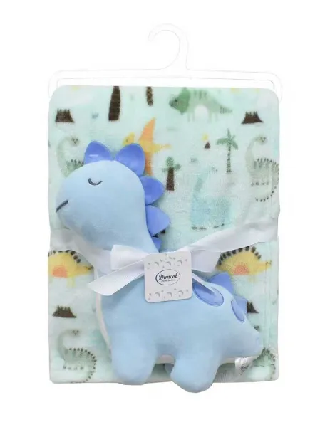Λούτρινο Ζωάκι Σετ 2 Τεμ. bebe Dinosaur 22 Ύψος 25 cm & Εμπριμέ Κουβέρτα Coral Fleece 75x100 cm Sky Blue 100% Polyester