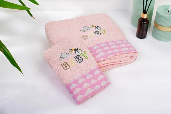 Πετσέτα Με Κέντημα Σετ 2 τεμ bebe Stork 192 30X50,70X140 Pink 100% Cotton