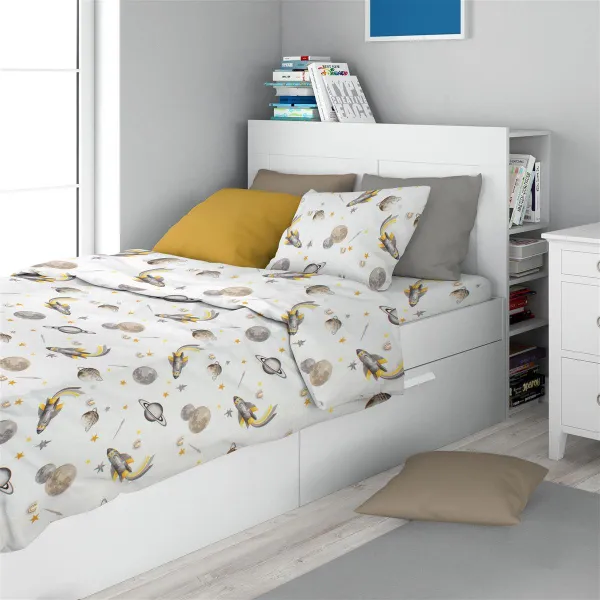 Σεντόνια Εμπριμέ Σετ 2 τεμ kids Space Mission 183 160X240 White-Grey 100% Cotton