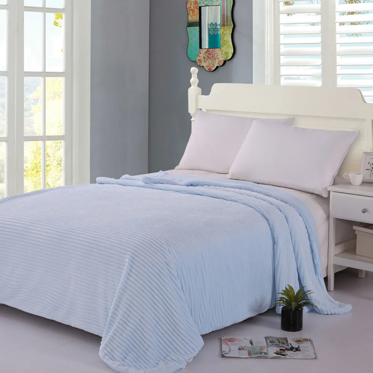 κουβέρτα fleece με sherpa (220cm x 240cm) κοτλέ σιέλ