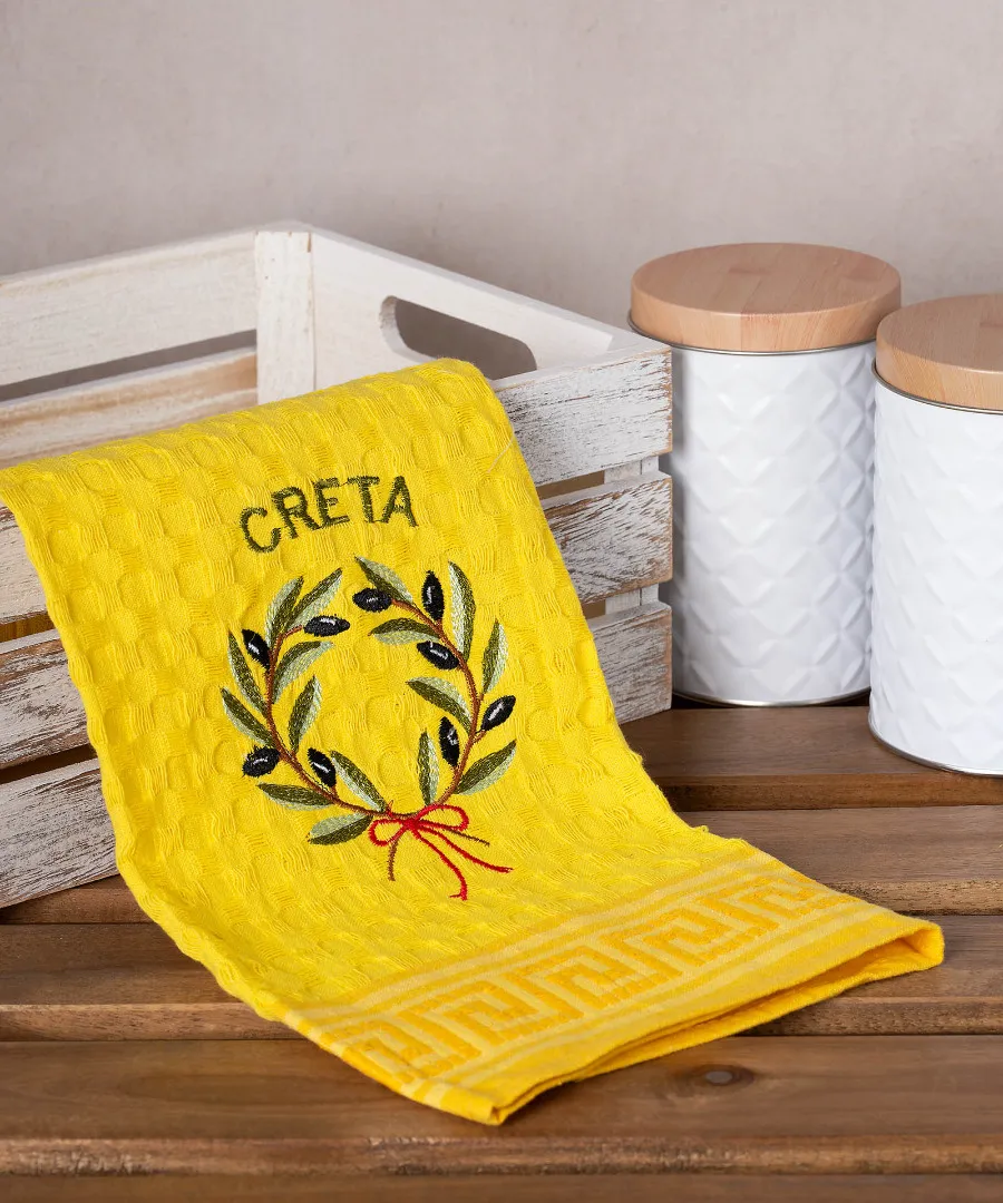 Σετ 12 τεμαχίων ποτηρόπανα γκοφρέ (50cm x 70cm) κίτρινο στεφάνι CRETA