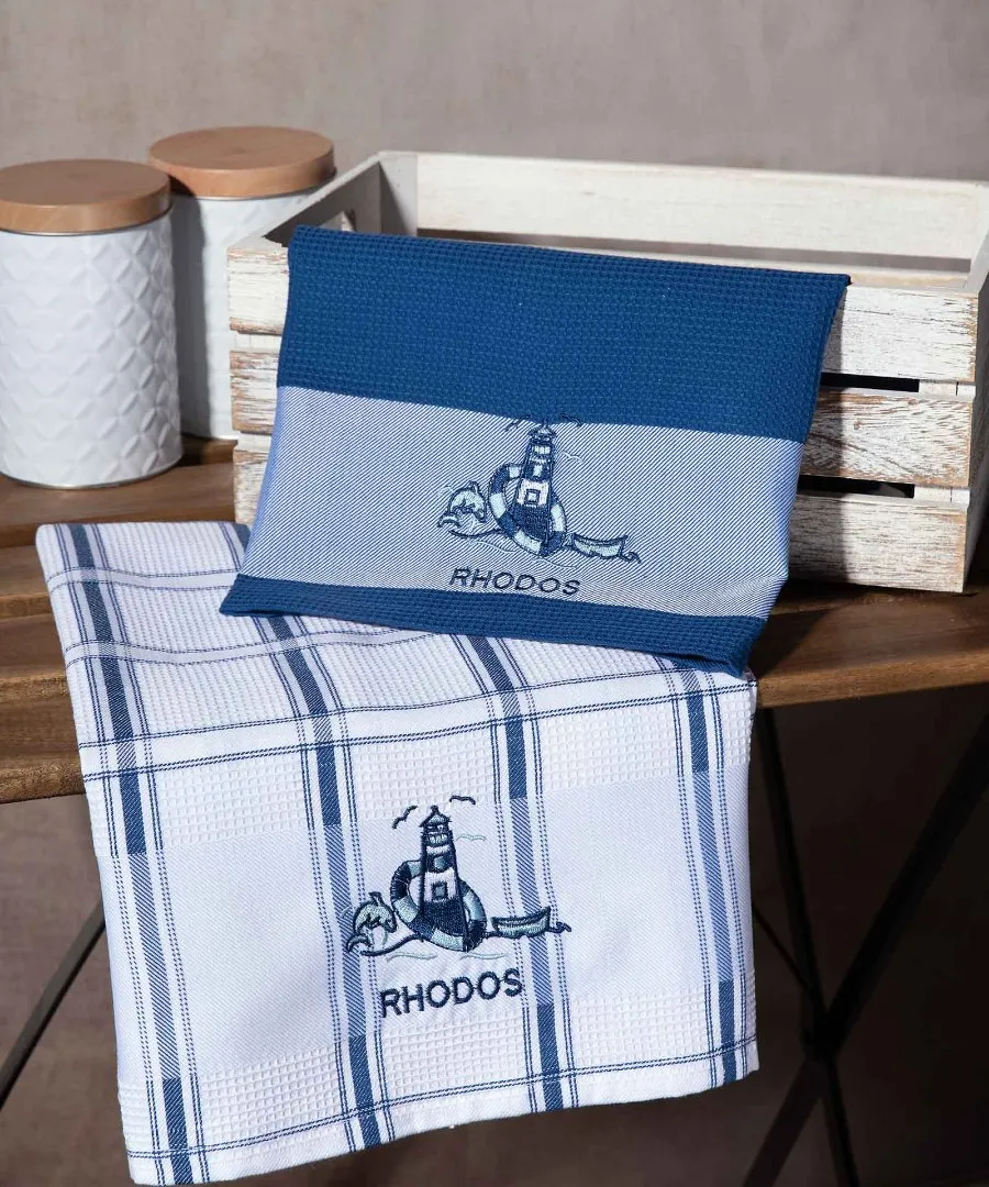 Σετ 2 τεμαχίων ποτηρόπανα (50cm x 70cm) μπλέ φάρος RHODES