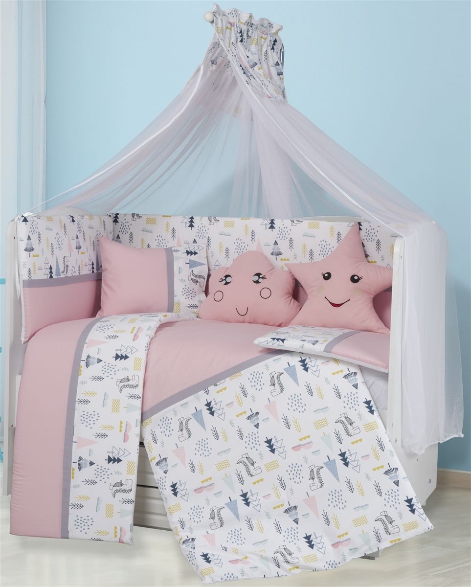 Προίκα Μωρού Εμπριμέ Σετ 9 τεμ bebe Forest 12 White-Pink 100% Cotton
