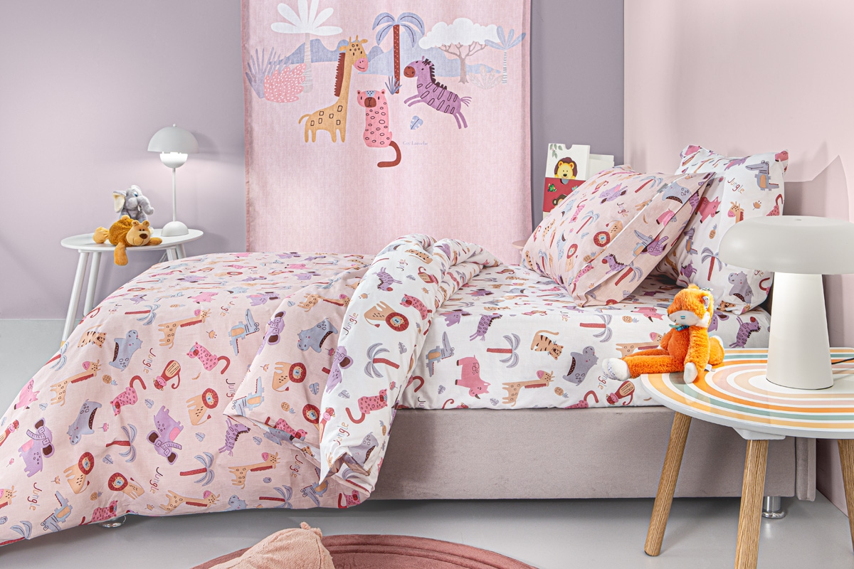 Σετ 2τμχ. Παιδική Παπλωματοθήκη & Μαξιλαροθήκη Jungle Pink