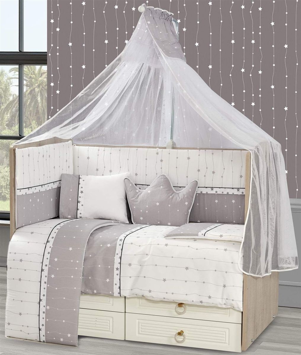 Προίκα Μωρού Εμπριμέ Σετ 9 τεμ bebe Stars 18 White-Grey 100% Cotton