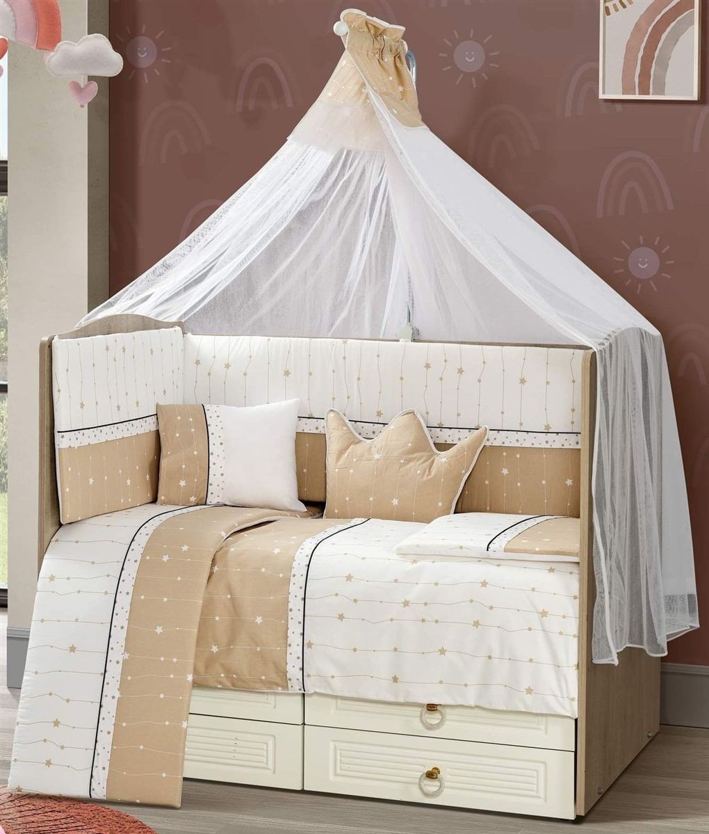 Προίκα Μωρού Εμπριμέ Σετ 9 τεμ bebe Stars 17 White-Beige 100% Cotton