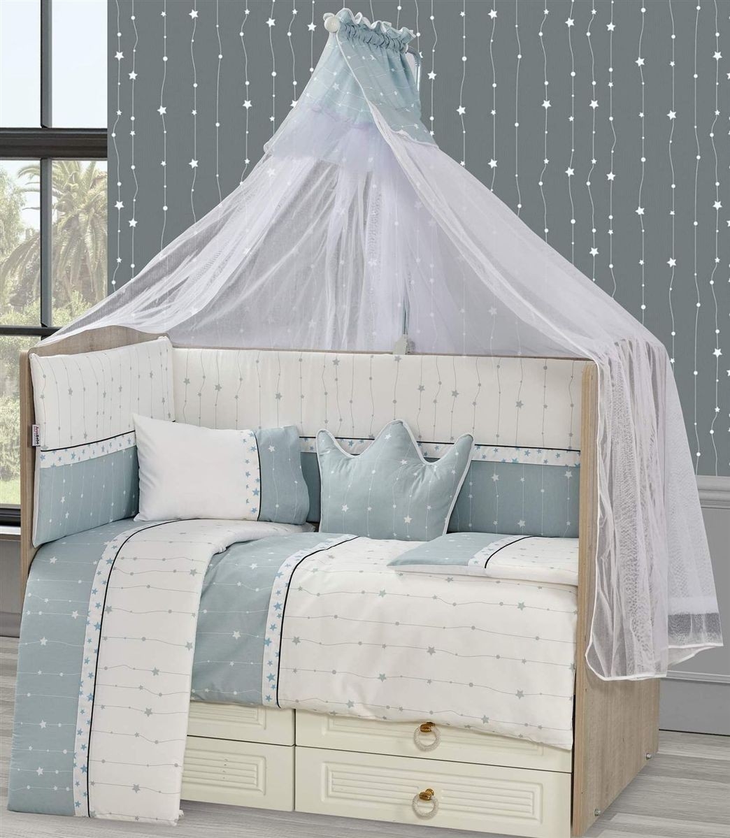 Προίκα Μωρού Εμπριμέ Σετ 9 τεμ bebe Stars 16 White-Aqua Grey 100% Cotton