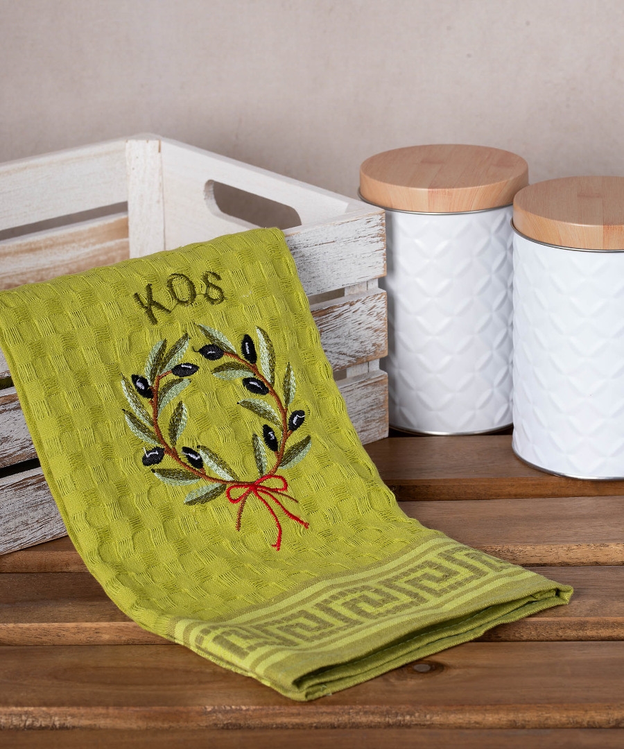 Σετ 12 τεμαχίων ποτηρόπανα γκοφρέ (50cm x 70cm) πράσινο στεφάνι KOS