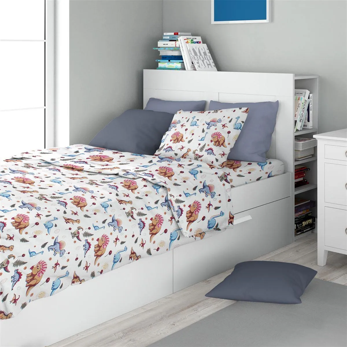 Σεντόνια Εμπριμέ Σετ 3 τεμ kids Dinosaur 519 160X240 White-Blue 100% Cotton