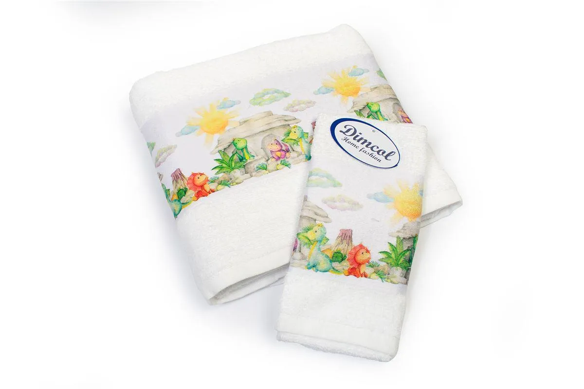 Πετσέτα Σετ 2 τεμ Με Ψηφιακή Εκτύπωση bebe Dinosaurs 311 30X50,70X140 White 100% Cotton
