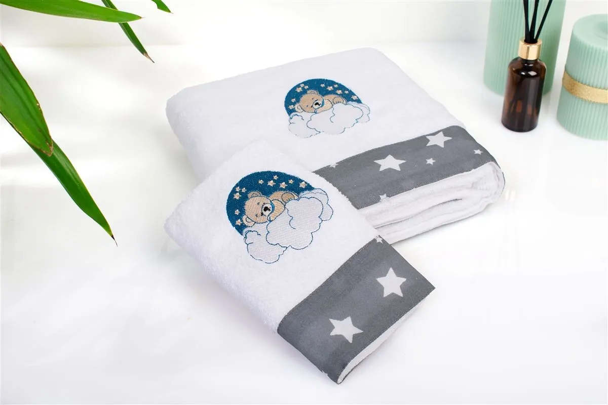 Πετσέτα Με Κέντημα Σετ 2 τεμ bebe Cloudy Bear 176 30X50,70X140 White-Grey 100% Cotton