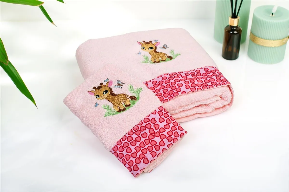 Πετσέτα Με Κέντημα Σετ 2 τεμ bebe Giraffe 171 30X50,70X140 Pink 100% Cotton