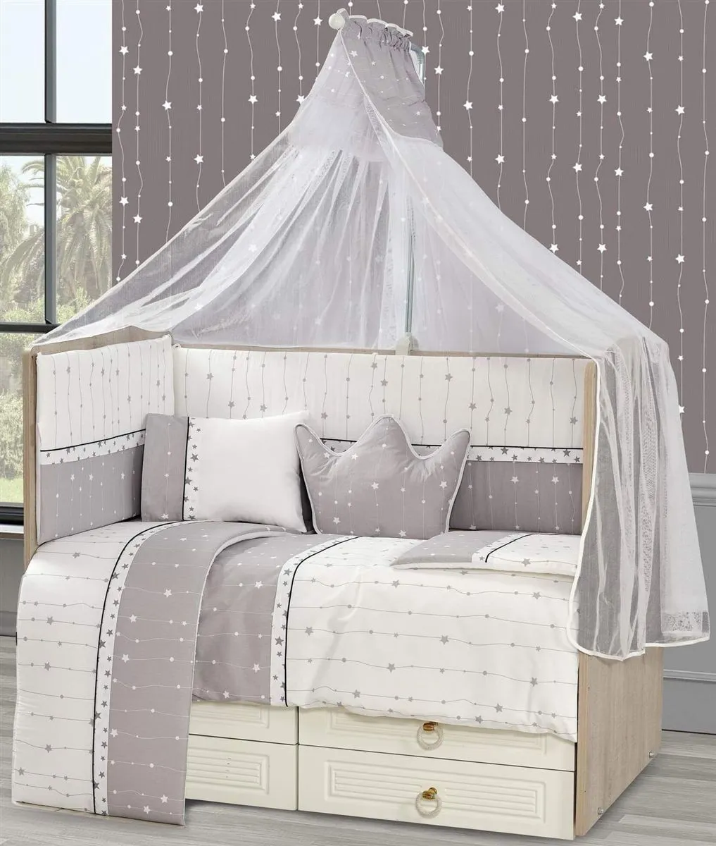 Προίκα Μωρού Εμπριμέ Σετ 9 τεμ bebe Stars 18 White-Grey 100% Cotton