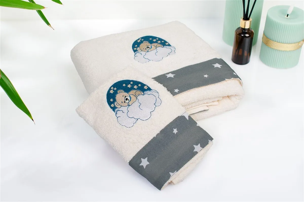 Πετσέτα Με Κέντημα Σετ 2 τεμ bebe Cloudy Bear 177 30X50,70X140 Ecru-Grey 100% Cotton