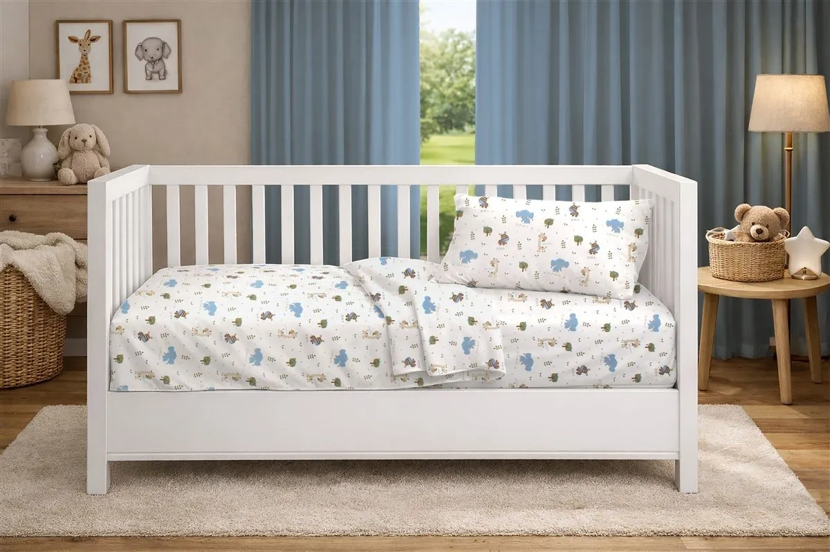 Πάπλωμα Εμπριμέ bebe Happy Safari 711 120X160 White-Sky Blue 100% Cotton