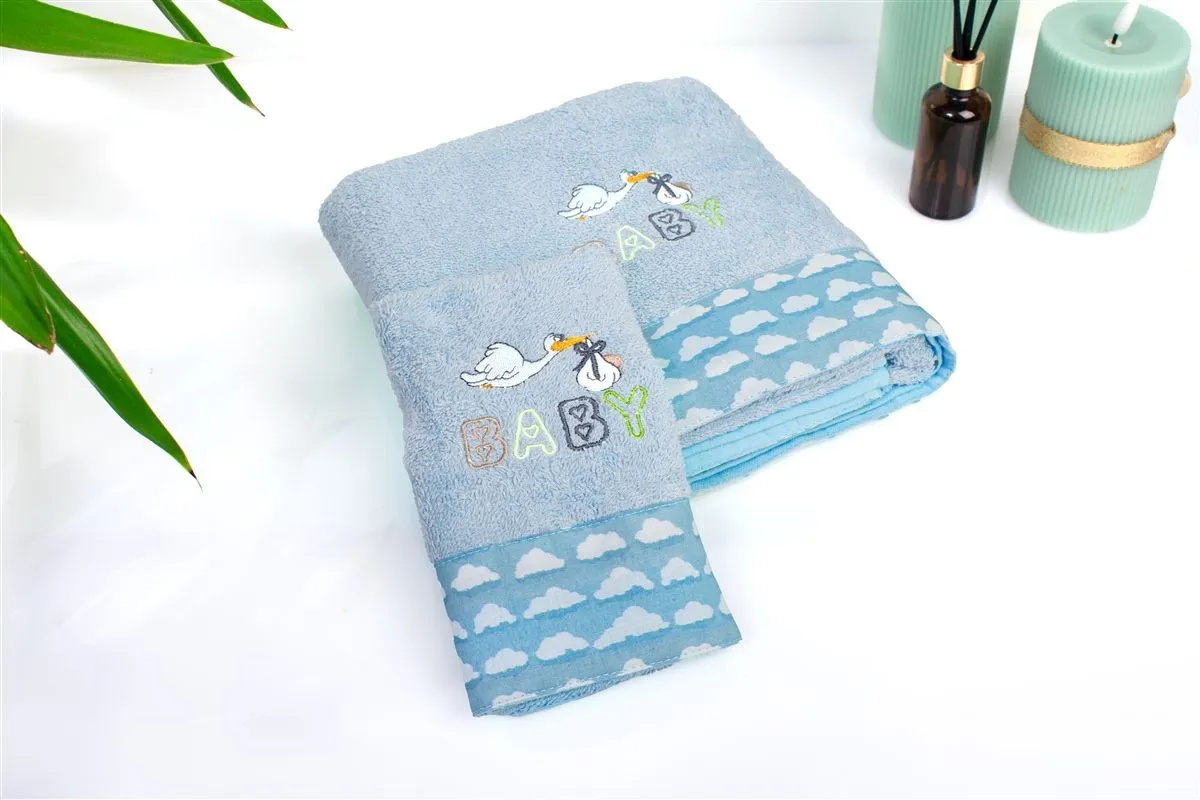Πετσέτα Με Κέντημα Σετ 2 τεμ bebe Stork 191 30X50,70X140 Sky Blue 100% Cotton